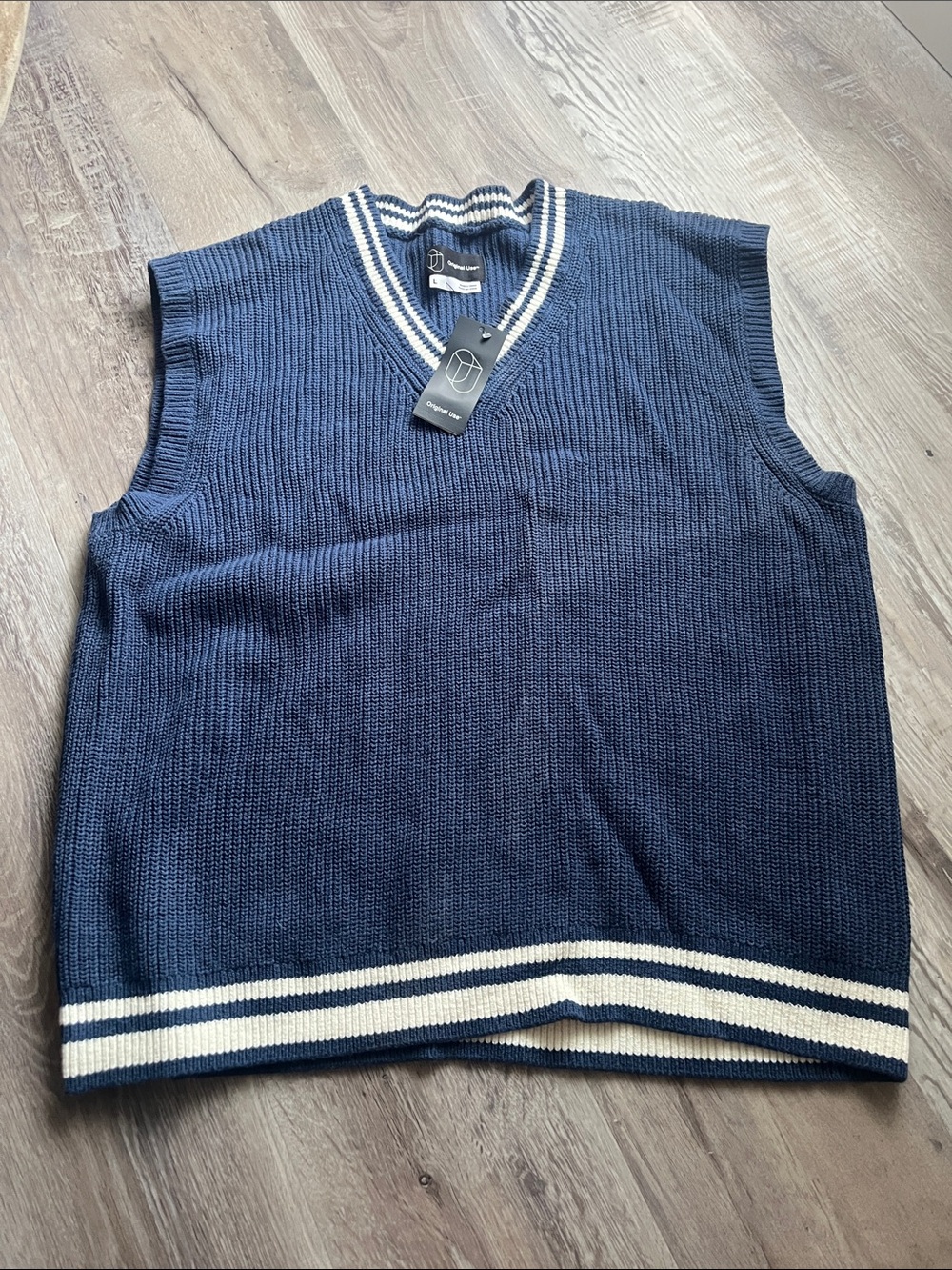 Original Use Navy V-Neck Knit Sweater Vest with White Trim
